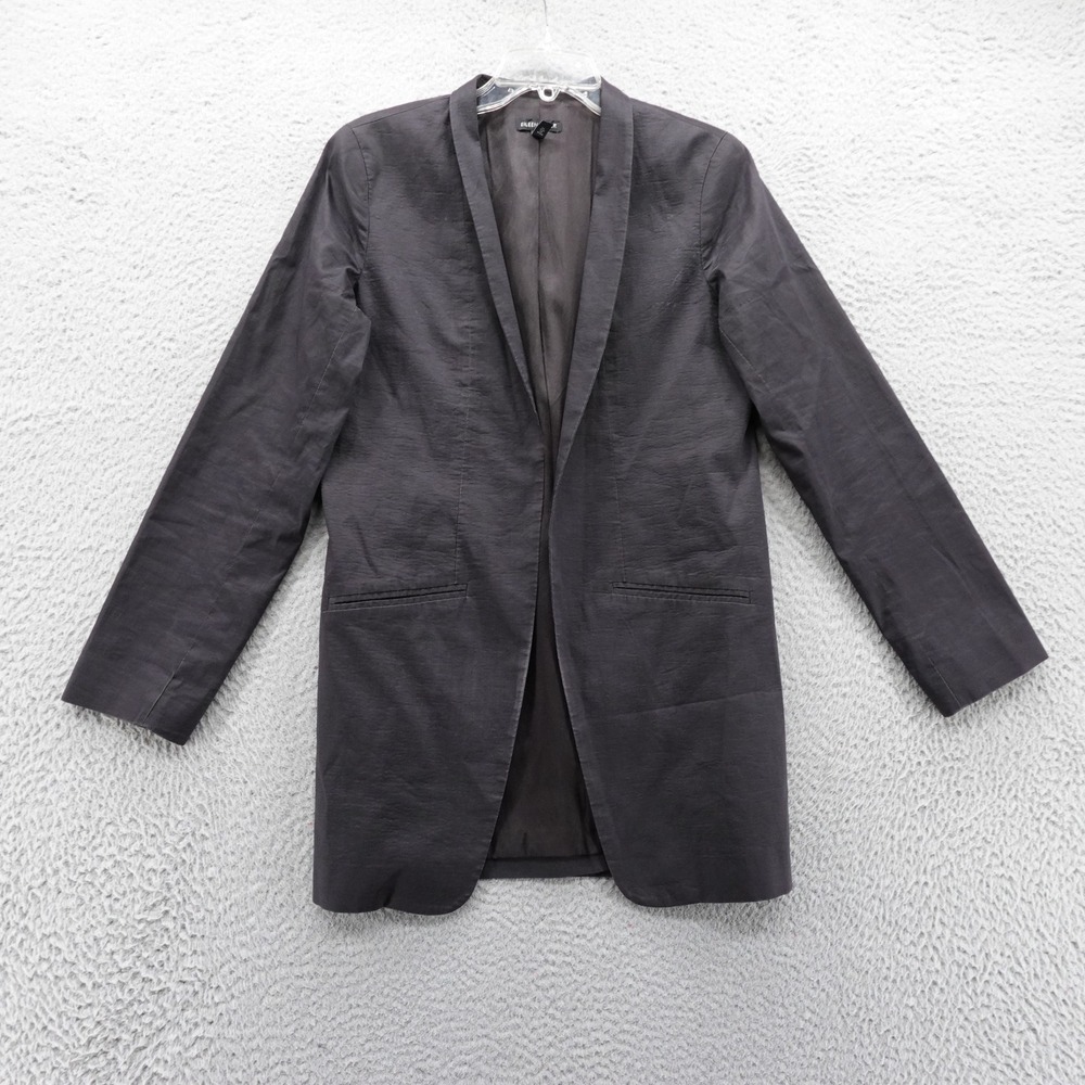 Eileen Fisher Long Polished Ramie Open Jacket Blazer 6 Black Womens Silk Lined